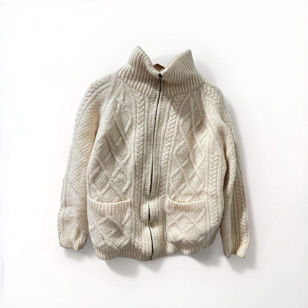 Carraig Donn Handknit Merino Wool Cable Zip Sweater Cream Size L